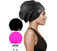 2 Pack Extra Large Swim Cap for Braids and Dreadlocks, Silicone Swimming Caps for Long Hair, Weaves, Extensions Waterproof Adult Swim Hats Bathing Caps for Women Men(Black+Rose Red)