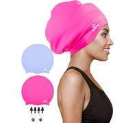 2 Pack Extra Large Swim Cap for Braids and Dreadlocks, Silicone Swimming Caps for Long Hair, Weaves, Extensions, Curls & Afros, Waterproof Adult Swim Hats Bathing Caps for Women Men(Rose Red+Purple)