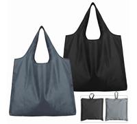 2 Pack Extra Large Waterproof Foldable Shopping Bags, 53x64cm Heavy Duty Tote Bag with Inner Pocket, 20kg Capacity Reusable Grocery Bag, Travel, Camping, Waterproof Oxford Fabric (black+gray)