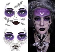 2 Pack Face Gems Jewels Tattoos for Halloween Makeup, Day of the Dead Skull Spider Web Clown Rhinestone Face Tattoo Stickers for Women Men Cosplay Halloween Rave Party Accessories (Black Silver)
