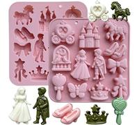 2-Pack Fairy Tale Princess Silicone Mold, 3D Castle Prince Princess Silicone Chocolate Mold, 12 Cavity Prince butterfly bow crown Ice Cube Mold for Candy Fondant Cake Decor DIY Soap Candle Crafts