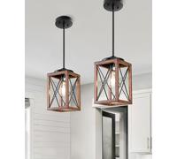 2 Pack Farmhouse Pendant Light, Metal Hanging Light Fixture with Wooden Grain Finish, 48 Inch Adjustable Pipes for Flat and Slop Ceiling, Kitchen Island, Bedroom, Dining Hall, ETL Listed
