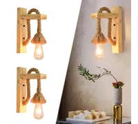 2-Pack Farmhouse Rustic Wooden Wall Sconce Set, Vintage Hemp Rope Pulley Wall Light, Antique Wood Wall Lamp for Bedroom Stairs Hallway Living Room Entryway.