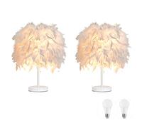 2 Pack Feather Table Lamp Bedside Lamp Feather Bedside Lampshade Table Light White Base with 3W Bulb for Living Room, Bedroom, Bar, Restaurant, Home Decor, S