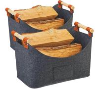2-Pack Felt Firewood Baskets with Wooden Handles, 45x32x40cm Foldable Log Holder for Indoor/Outdoor Fireplace, Storage Bag for Wood, Toys, Newspapers & Magazines (Dark Grey)