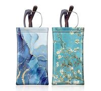 [2 Pack] Fintie Eyeglasses Pouch with Cleaning Cloth, Portable Squeeze Top Leather Glasses Case Sunglasses Bag, Ocean Marble + Blossom, Medium