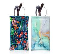[2 Pack] Fintie Eyeglasses Pouch with Cleaning Cloth, Portable Squeeze Top Leather Glasses Case Sunglasses Bag, Jungle Night + Emerald Marble, Medium