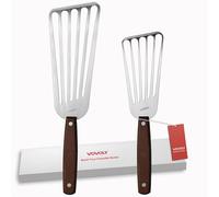 2 Pack Fish Spatula Turner, Stainless Steel Slotted Spatulas for Flipping, Turning, Frying & Grilling, 3"x6"+4"x8" Metal Slotted Spatulas, Wooden Full Tang Handle & Curved Blade