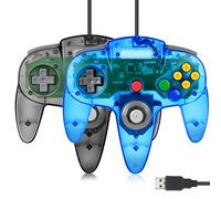 2 Pack FISUPER USB N64 Controller, Wired Video Game Controller USB Gamepad for Windows PC MAC Raspberry PI Retropie (Clear Black +Clear Blue)