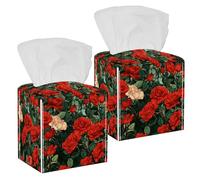 2 pack Floral Flower Red Roses Tissue Box Cover, Modern Holder - Decorative Holder/Organizer for Bathroom Vanity Countertop, Night Stands, Office Desk & Car