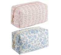 2 Pack Floral Makeup Bag, Cute Cosmetic Bag for Women Girls, Quilted Cotton Make up Pouch, Travel Makeup Bags, Portable Storage Toiletry Organizer Bag(Pink+Blue Floral)