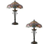 Loops 2 PACK Floral Tiffany Glass Design Table Lamp Light - Dark Bronze Lampholder in Clear Loops Clear