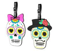 2 Pack Flower Skull Name Tags - Silicone Suitcase Labels for Travel Bags, Kids to Adults