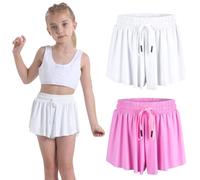 2 Pack Flowy Butterfly Shorts Girls 2 in 1 Youth Cute Athletic Shorts with Pockets for Fitness Running Sports Dance, 2p-rosered & white, 10-12 Years