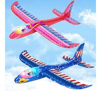 2 Pack Foam Glider Planes for Kids, Large LED Throwing Airplane Toys, Outdoor Throwing Foam Gliders, Flying Aeroplanes Toys 4 5 6 7 8 9 10 11 12 Years Old Boys Girls Birthday Gifts