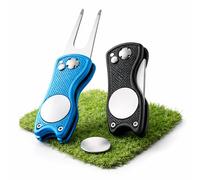 2 Pack Folding Golf Pitch Mark Repair Tool with Magnetic Ball Marker, Pocket Size Pop-Up Divot Repairer, Stainless Steel Forks, Lightweight Golf Green Repair Tool for Practice and Match Play