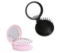 2-Pack Folding Hair Brush with Mirror,Compact Travel Size, Round Mini Hair Massage Comb for Women, Portable Hair Styling Tools (Black)