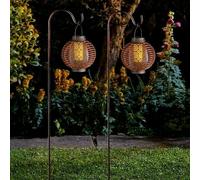 2 Pack Solar Power LED Realistic Flame Lantern Stake Lights | Hanging Garden Pathway Shepherd's Crook