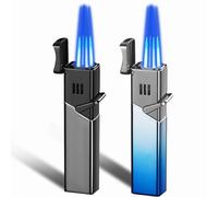 2 Pack Four Torch Lighter, Dual Flame Refillable Butane Gas, Windproof Adjustable Flame Lighters for Kitchen,Outdoor,Grill,Candle,Camping (Without Butane)-Black+Blue