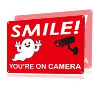 2 Pack Funny Smile Your on Camera Signs | Glow In The Dark | 040 Mil Rust Free Aluminum 10×7 inch, Skeleton Yeah Hand Gesture | Halloween Spooky You're on Camera Metal Signs