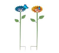 2 Pack Garden Bee Watering Station with Adjustable Iron Stakes Metal Bee Feeder Cups with Glass Marble and Flower Design Practical Bird Watering Station Vibrant Garden Decor for Outdoor Garden Yard