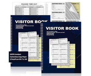 2 Pack GDPR Compliant Visitors Sign in and Out Book Confidential Hidden Name Carbonless Log Book A4 with 100 Perforated 90x60mm Duplicate Badge Inserts for School Workplace Office Reception