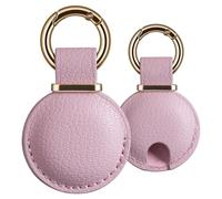 2 Pack Genuine Leather AirTag Holder Keychain - Compatible with AirTag 1st & 2nd Generation, Secure Fit Air Tag Case for Keys Bags Luggage, Minimalist for Apple AirTag Accessories(Pink)