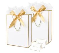 2 Pack Gift Bags with Tissue Paper for Presents, Medium White Gold Paper Gift Bags with Ribbons for Birthday Wedding Mother’s Day Gift