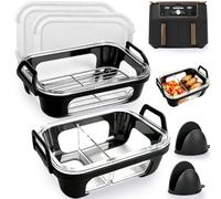 2-Pack Glass Air Fryer Liners for Ninja Dual Drawer DZ400,AF400,AF500,SL400 | Glass Baking Tray for Keplin9L/Cosori Dual Drawer Air Fryer,Glass Trays with Grill for Crispy Silicone for Protective Coating