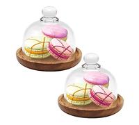 2 Pack Glass Dome with Wooden Base, 3.4 Inch Mini Cake Stand Glass Display Dome Cloche Clear Glass Bell Jar Cover for Dessert Cheese Candy Plants Succulents