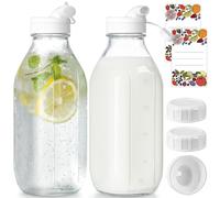 2 Pack Glass Milk Bottle & Jug with 2 Dispenser Caps, 100% Airtight Lid. 32 Oz Reusable Water Jug, Breast Milk Pitcher. Buttermilk, Nut, Juice, Syrup, Coffee Creamer