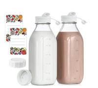 2 Pack Glass Milk Bottles with Lids 1000ml/33.8oz, with Dispenser Cap and Reusable Airtight Screw lid, Storage Container and Decor - Leakproof Glass Bottles with Lids, Milk Jug Pitcher, Square