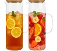 2 Pack Glass Pitcher with Lid, 1.5L Water Jug with Handle Hot and Cold Beverage Clear Water Jar Borosilicate Glass Jug for Fridge Iced Tea Juice Milk Coffee Lemonade