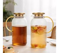 2 Pack Glass Pitcher with Lid 68 oz 2 Liter Classic Vertical Stripes Water Pitcher with Handle Glass Water Carafe for Cold Brew Coffee Iced Sun Tea Beverage Heat Resistant