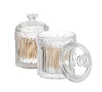 2 Pack Glass Qtip Holder, Apothecary Jars with Lids, Cotton Swab and Round Organizer, Bathroom Vanity Storage Canisters for Makeup Pads, Floss (Transparent)