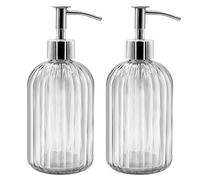 2 Pack Glass Soap Dispenser Bottle with Pump, 14 Oz Refillable Liquid Hand Jar Dispenser for Bathroom, Countertop, Kitchen, Laundry Room (Transparent)
