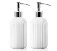 2 Pack Glass Soap Dispenser Bottle with Pump, 14 Oz Refillable Liquid Hand Jar Dispenser for Bathroom, Countertop, Kitchen, Laundry Room (White)