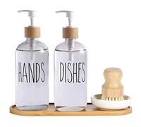 2 Pack Glass Soap Dispenser Bottle with Pump Kitchen Hand Soap Dispenser with Tray and Bamboo Dish Brush 16oz Kitchen Dish Soap Dispenser Set Farmhouse Decor Dish Soap Pump Bottle (White-1)
