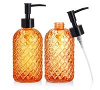 2 Pack Glass Soap Dispensers, 400 ML/14Oz Pump Bottle Dispenser, Refillable Hand Soap Dispenser Bottle for Kitchen, Bathroom, Laundry Room (2 PCS Orange)
