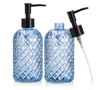 2 Pack Glass Soap Dispensers, 400 ML/14Oz Pump Bottle Dispenser, Refillable Hand Soap Dispenser Bottle for Kitchen, Bathroom, Laundry Room (2 PCS Blue)