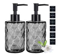 2 Pack Glass Soap Dispensers with Black Label, 330 ML/12Oz Black Hand Soap Dispenser with 304 Rustproof Stainless Steel Pump, Refillable Dispensers Bottle, Lotion Dispensers for Kitchen, Bathroom