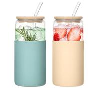 2 Pack Glass Tumbler with Silicone Sleeve & Bamboo Lid, 600ml Unbreakable Reusable Cup with Straw, Non-Slip Grip for Iced Coffee, Smoothies, Perfect for Travel, Office, Home Use