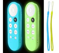 2 Pack Glow Remote Case Compatible with Chromecast with Google TV 4K 2020 / HD 2022 Voice Remote - TOKERSE Lightweight Anti-Slip Shockproof Silicone Cover with Lanyard Glow in The Dark - Blue Green