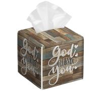 2 Pack God Bless You Tissue Box Cover Square Wooden Board Texture PU Leather Tissue Box Holder Waterproof Facial Paper Organizer Dispenser for Bathroom Kitchen Home Office Car