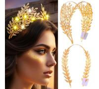 2 Pack Gold Light Up Leaf Headband, LED Gr oddess Headpiece with 14 Lights, Flashing Toga Roman Hair Accessory for Women