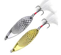 2 Pack Gold Silver Fishing Spoon Lure Brass Spinner Salmon Sea Trout Pike Feather Golden White Feathered Tail Bucktail Long Cast Trebble Hook Wedge Sprat Pollock Mackerel Wedged Spoon 20 Gram