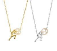 2-Pack Gold & Silver Tone Tiny Figure Pushing Baroque Pearl Pendant Necklaces - Whimsical Artistic Statement Jewelry for Women