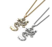 2-Pack Gold & Silver Vintage 3D Flying Dragon Plastic Pendant Cuban Chain Necklaces - Oriental Mythical Dragon Punk Street Retro Minimalist Lucky Symbol Statement Jewelry for Men Women