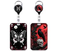 2 Pack Goth Badge Holder with Retractable Badge Clip for Keys ID Card with Hard Badge Protector Black & Red for Men Women Moth Skull Keychain
