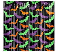 2 Pack Green Orange Purple Bat Pattern Photo Booth Props, 3.3 X 6.6 ft Halloween Foil Fringe Curtains, Halloween Party Decorations, Halloweens Photo Backdrop Streamers Halloweens Party Supplies